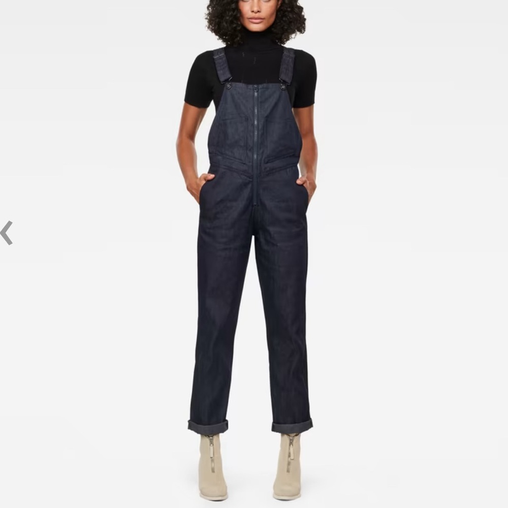 G STAR RAW Lintell Denim Overalls Rigid Cotton Straight Leg Zip Up Dark Wash S